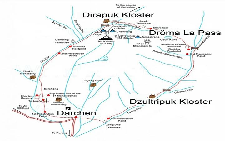 Karte der 3tägigen Kailash Umrundung. 1. Etappe von Darchen bis Dirapuk. 2. Etappe von Dirapuk via Drömala Pass nach Dzultripuk. 3. Etappe Dzultripuk nach Darchen.